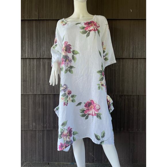 🔥Made In Italy 100% Linen Tropical Floral Resort Summer Tunic Midi Dress XXL - Picture 1 of 15